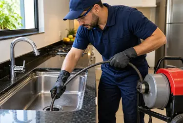 Profissional desentupindo uma pia em Cubatão.