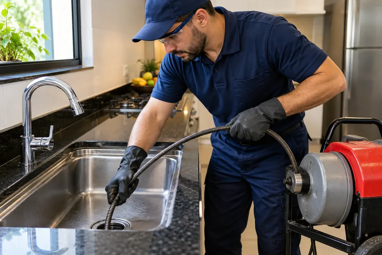 Profissional desentupindo uma pia em Cubatão.