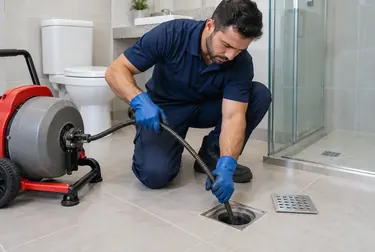 Técnico desentupindo um ralo em Cubatão.