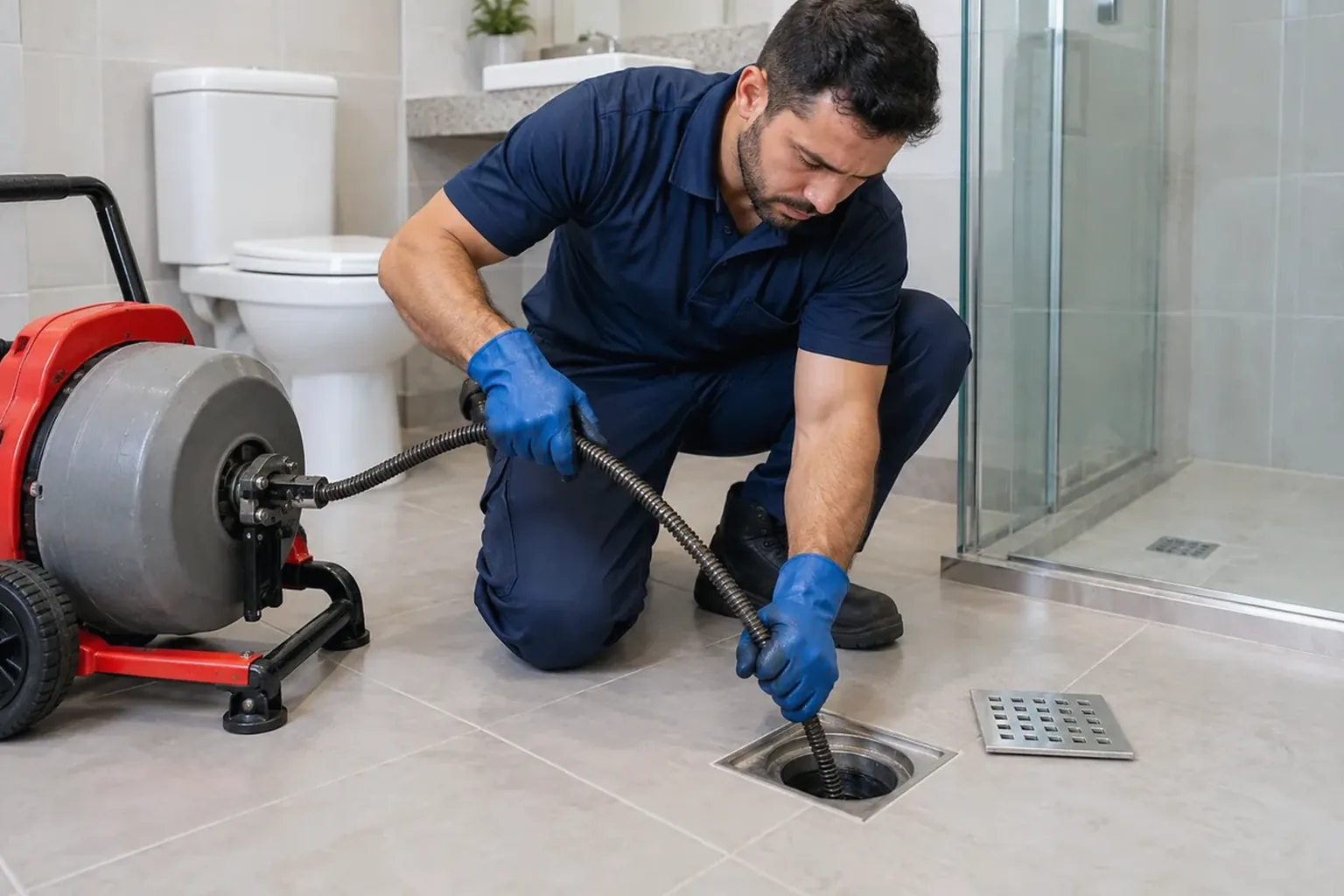 Técnico desentupindo um ralo em Cubatão.