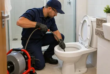 Técnico desentupindo vaso sanitário em Cubatão.