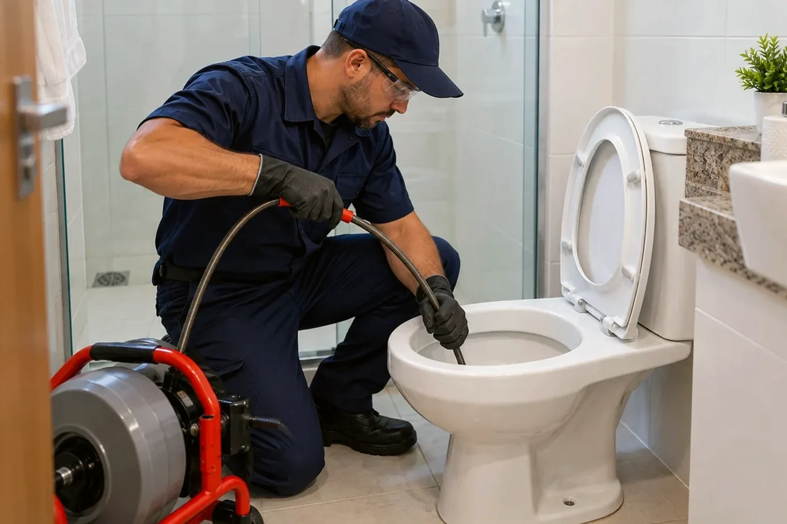 Técnico desentupindo vaso sanitário em Cubatão.