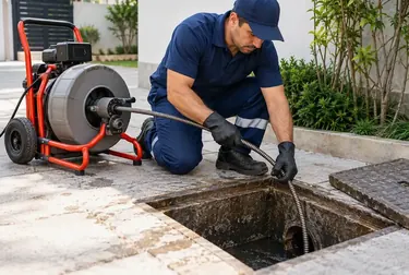 Técnico realizando desentupimento de esgoto em Cubatão.