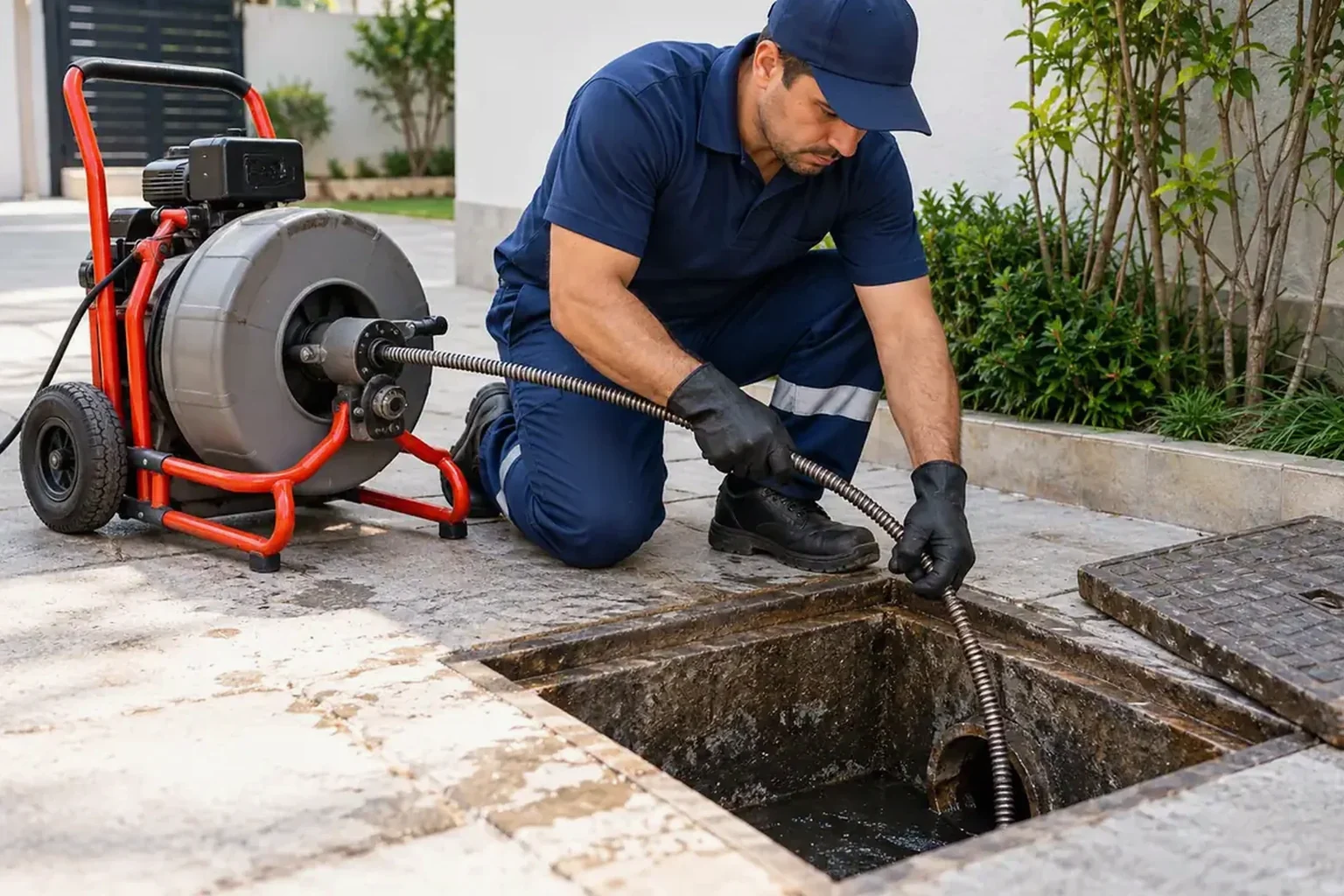 Técnico realizando desentupimento de esgoto em Cubatão.