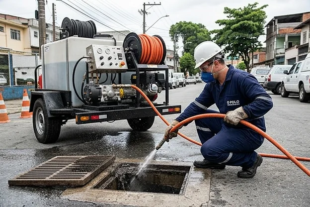 Técnico realizando hidrojateamento em Cubatão.